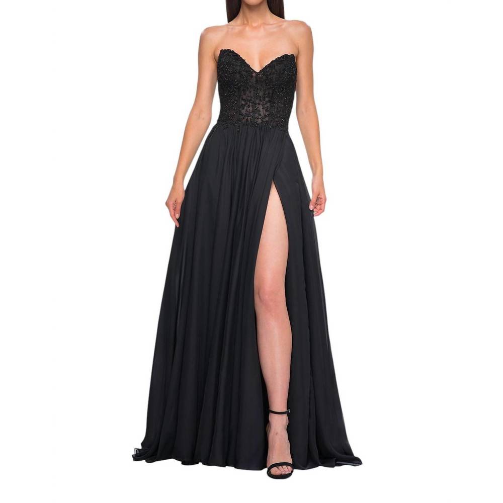 La Femme Black Strapless Lace Bodice Prom Gown with High Slit